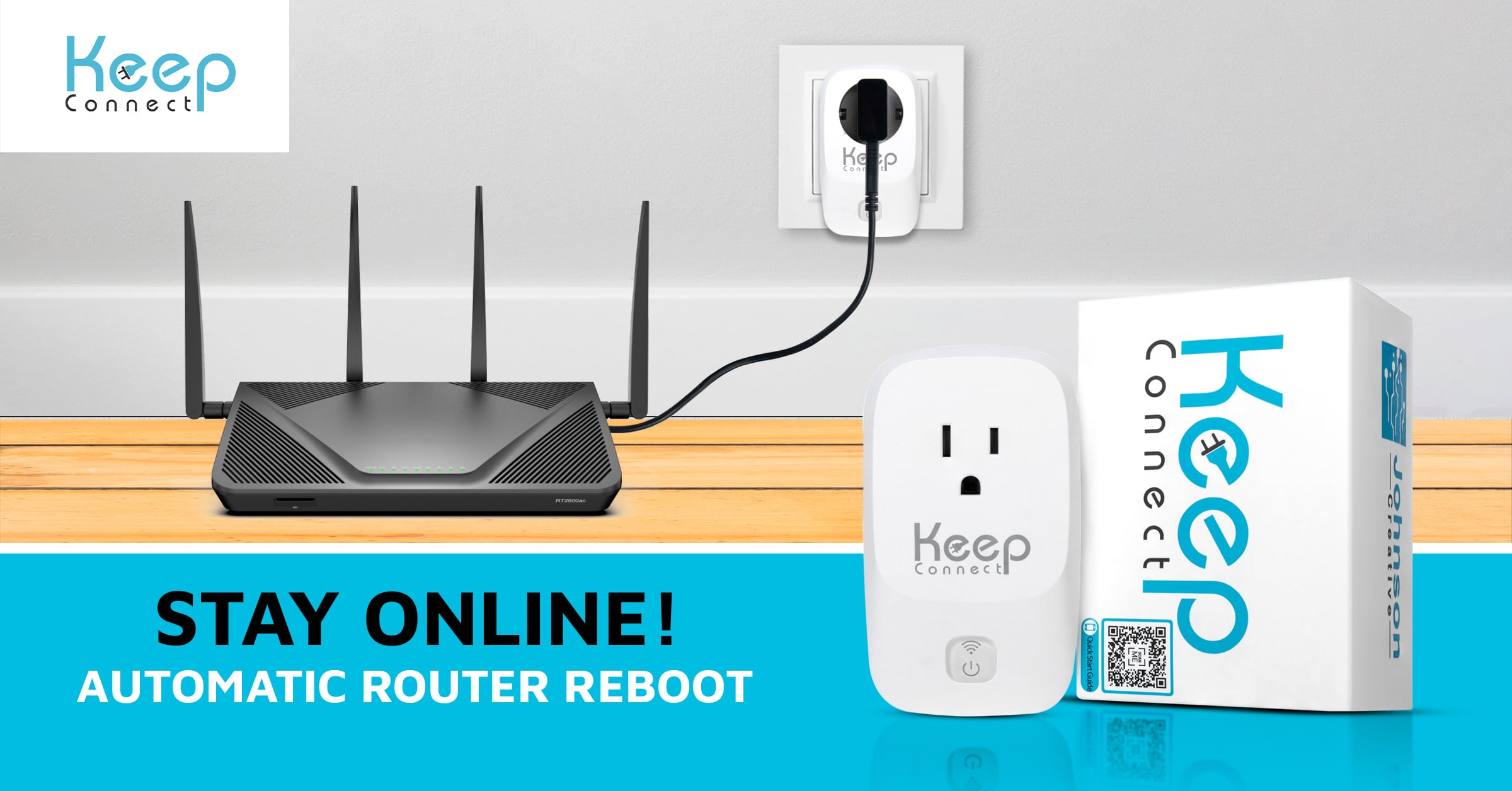 Keep Connect automatic router rebooter plugged in next to a Wi-Fi router, ensuring continuous internet connection.