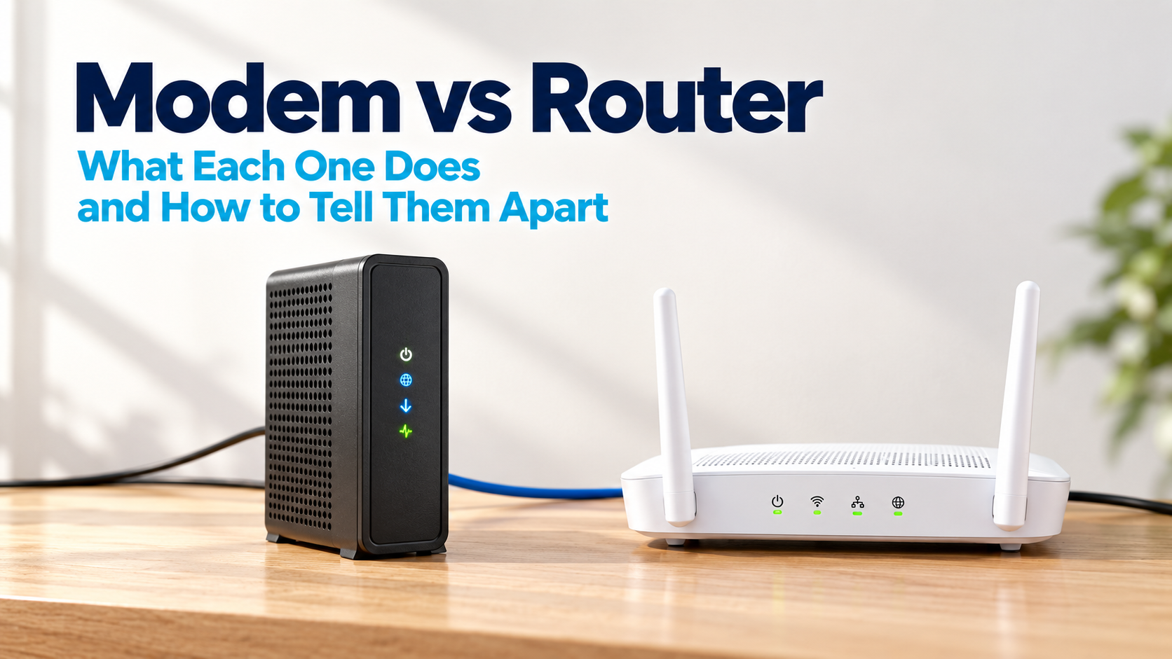 Modem vs router: a cable modem and a WiFi router side by side on a shelf, joined by an Ethernet cable.